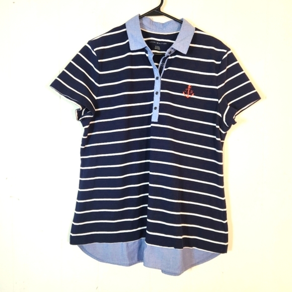 Tommy Hilfiger Blue Striped Layered Polo Size XL Anchor - Picture 2 of 16